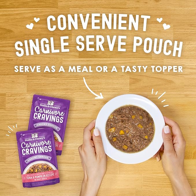 Stella & Chewy’s Carnivore Cravings Savory Shreds Wet Cat Food Pouches – Grain Free, Protein Rich Meal, Topper or Treat – Tuna & Pumpkin Recipe (2.8 Ounce Pouches, Case of 12)