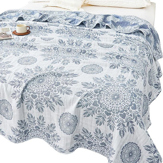 MEJU Feather Heart Boho Indian Blue Muslin All Season Blanket for Bed Sofa Couch 100% Combed Cotton 3 Layer Soft Warm Bedspread Throw Blanket Bed Coverlet Sheet Twin 60 in x 80 in