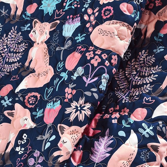 Lush Decor Pixie Fox Reversible Sherpa Throw Blanket, 50” W x 60" L, Navy & Pink - Quilted Toddler Blankets for Girls - Colorful Floral Print- Soft & Fluffy Kids Blanket for Bed, Couch Or Chair