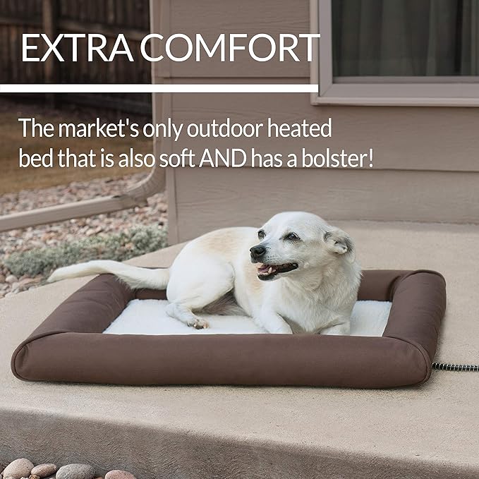 K&H Pet Products Heated Deluxe Lectro-Soft Outdoor Dog Bed with Bolster, Orthopedic Warming Pet Pad, Outdoor Heated Pad for Pets, Heated Outside Dog and Cat Bed, Chocolate/Tan Medium 26.5x30.5in