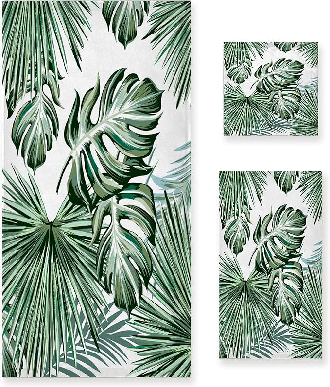 Deliciosa Palms Tropical Plants 3 Piece Towel Bathroom Sets, 1 Bath Towel, 1 Washcloth, 1 Hand Towel, Cotton Fast Dry Soft Absorbent Towel Set for Home Kitchen Family