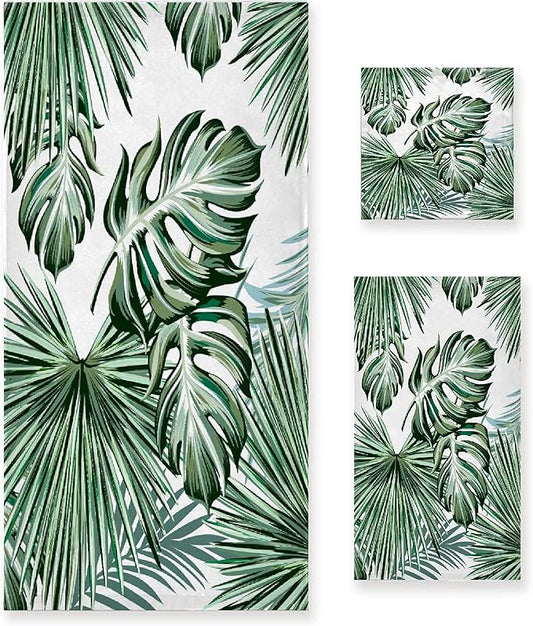 Deliciosa Palms Tropical Plants 3 Piece Towel Bathroom Sets, 1 Bath Towel, 1 Washcloth, 1 Hand Towel, Cotton Fast Dry Soft Absorbent Towel Set for Home Kitchen Family