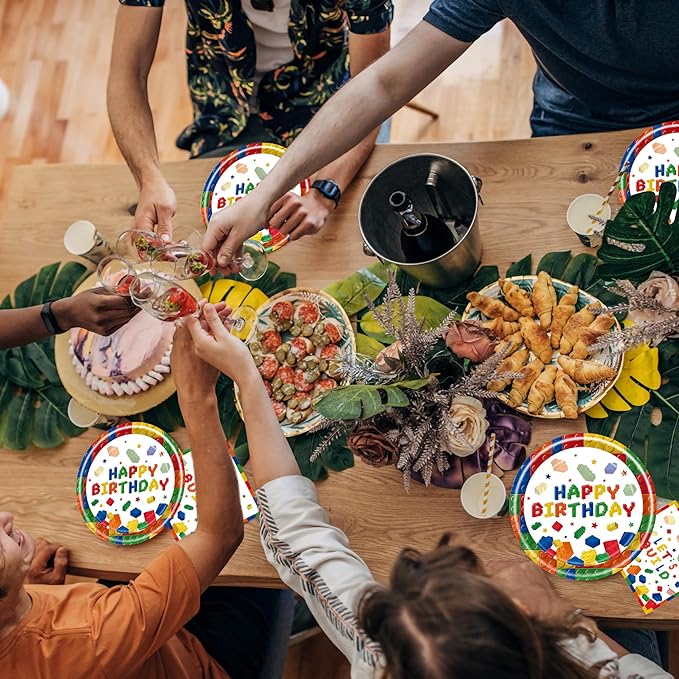 96 Pcs Building Block Party Plates Napkins Forks Supplies Favors Tableware Set Disposable Paper Birthday Decorations for Boys, Serves 24 Guests