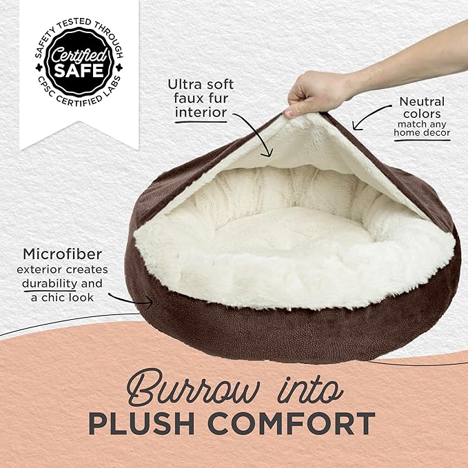 Best Friends by Sheri Cozy Cuddler Ilan Covered Cat and Dog Bed with Attached Blanket, Dark Brown, 24"x24"