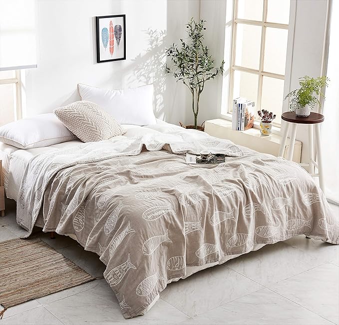 MEJU Fish Gray Morden Muslin Lightweight Summer Blanket for Bed Sofa Couch 100% Combed Cotton 3 Layer Soft Warm Bedspread Throw Blanket Bed Coverlet Sheet Twin 60 in X 80 in