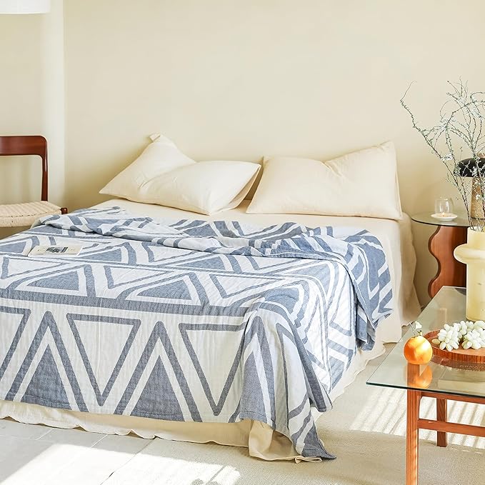 MEJU Triangle Geometry Blue Modern Checks Fashion Stripe All Season Blanket for Bed Sofa Couch 100% Cotton 3 Layer Soft Warm Reversible Bedspread Throw Blanket Bed Coverlet Sheet Twin 60 in x 80 in