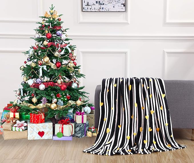 Elegant Comfort Luxury Velvet Super Soft Christmas Prints Fleece Blanket-Holiday Theme Home Décor Fuzzy Warm and Cozy Throws for Winter Bedding, Couch and Gift, 50 x 60 inch, Golden Hearts