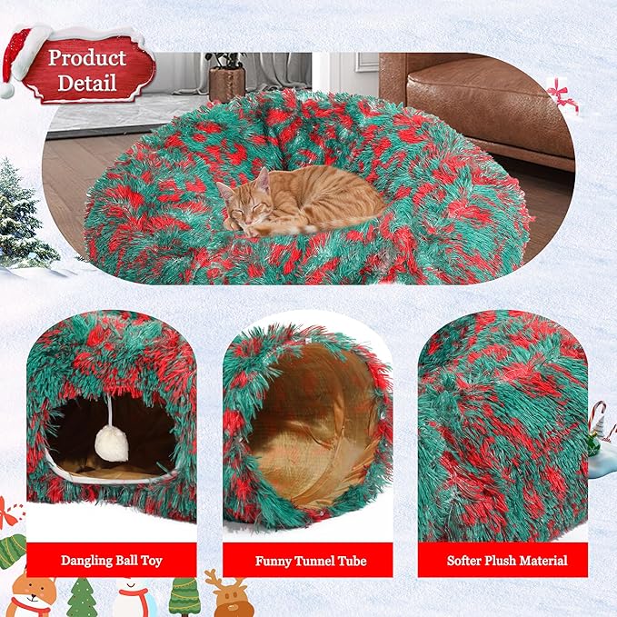 LUCKITTY Christmas Warm Fluffy Plush Cat Dog Tunnel Bed with Washable Cushion- Big Tube Playground Toys 3 FT Diameter Collapsible, for Indoor Cat Kitty Kitten Puppy Rabbit Ferret, Green Red