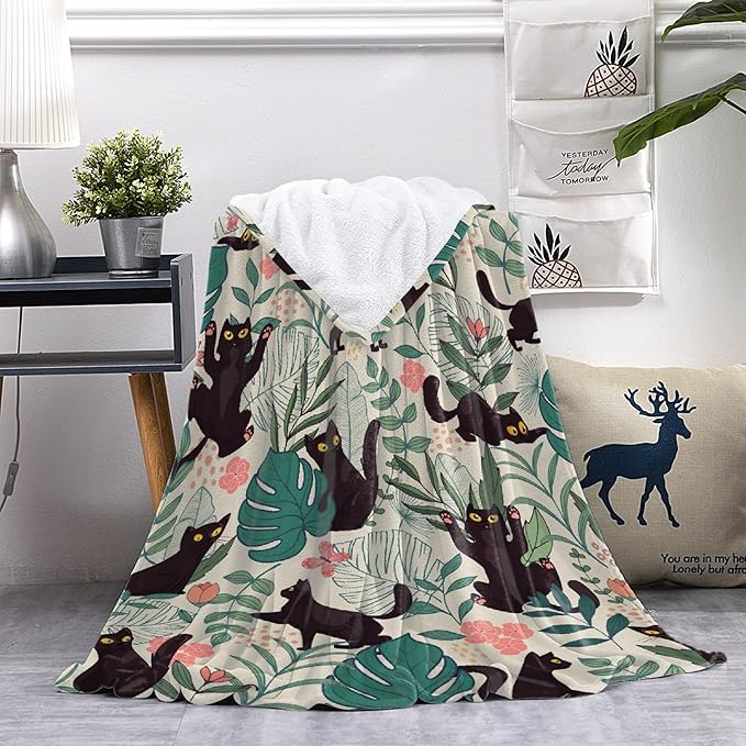 Floral Cat Throw Blanket Super Soft Cozy Black Cat Blanket for Kid Adult Women Men Best Hallowen for Cat Mom Cat Lovers Cute Pet Cats Blanket for Couch Bed Sofa Dorm Home Decor(60"X50")