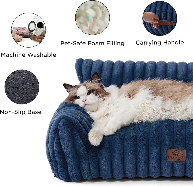 Bedsure Cute Dog Couch for Pets - Fluffy Dog Sofa with Premium Soft Corduroy Fleece, Dog Couch Bed with Washable Cover, Supportive Dog Sofa Bed for Medium Large Dogs, 36inch, Night Blue