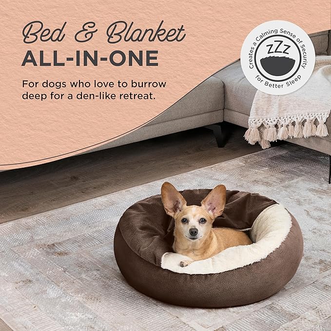 Best Friends by Sheri Cozy Cuddler Ilan Covered Cat and Dog Bed with Attached Blanket, Dark Brown, 24"x24"