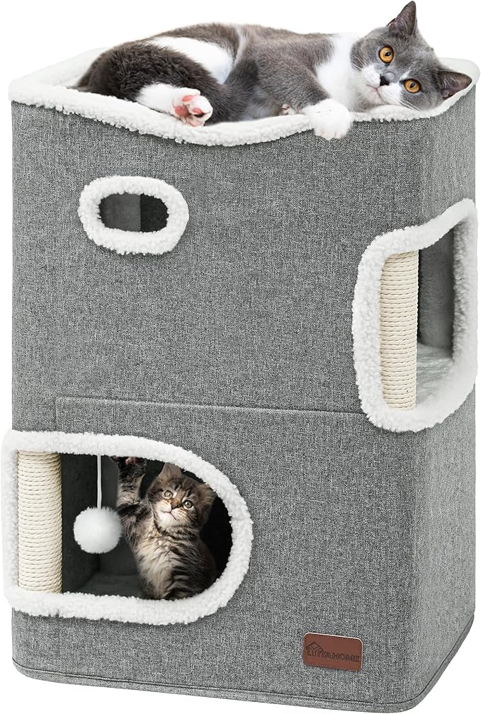 YIATHOME 2 Storey Cat House, Cat Beds for Indoor Cats, Small Cat Condo with Scratch Post and Hideaway Cave, Modern Cat Cube Playhouse for Multi Kittens, Classic Style, Grey