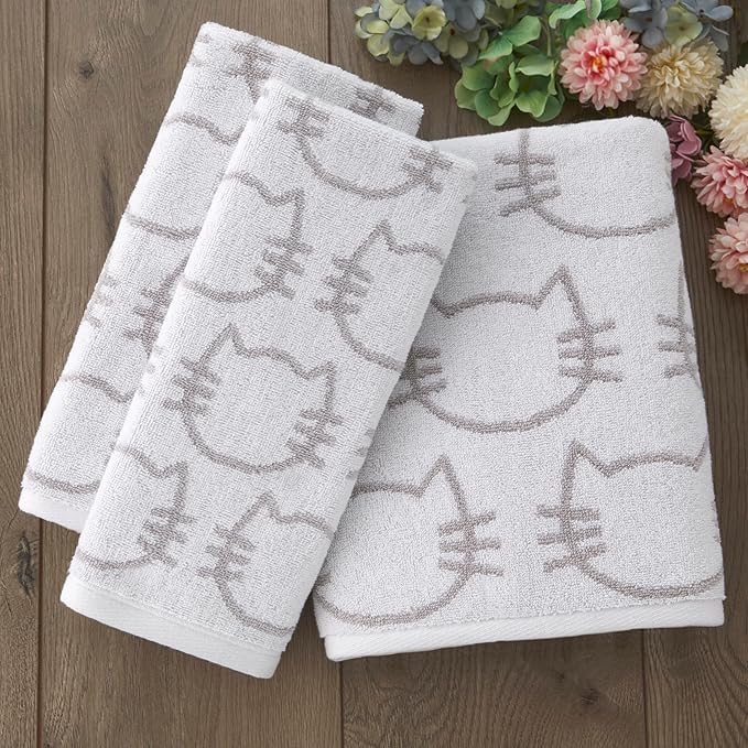 SKL Home Cat Hand Towel 2pc Set for Bath/Kitchen/Bar & Gift, White/Gray