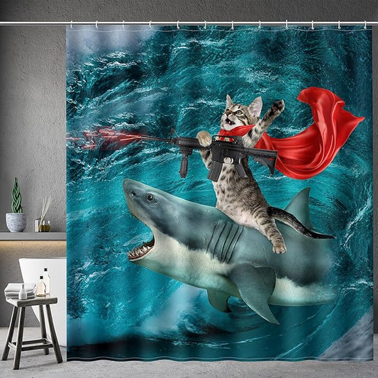 Aimego Long Funny Shower Curtain - Cute Crazy Cat Riding Shark Ocean Fun Fabric Cloth Shower Curtain Set with 12 Hooks for Adults Bathroom Decor Accessories Bath Curtain, 72"x78", Blue Red