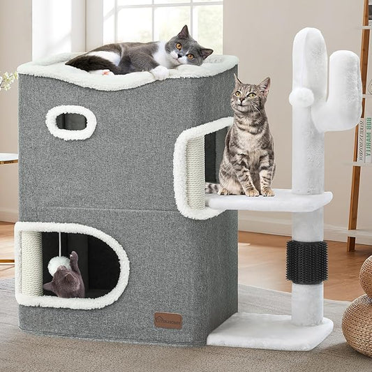 YIATHOME 2-Tier Cat House, Cat Beds for Indoor Cats, Small Cat Condo with Highway Cave, Scratch & Itching Post, Clmibing Stand, Modern Cat Cube Playhouse for Multi Kittens, Grey