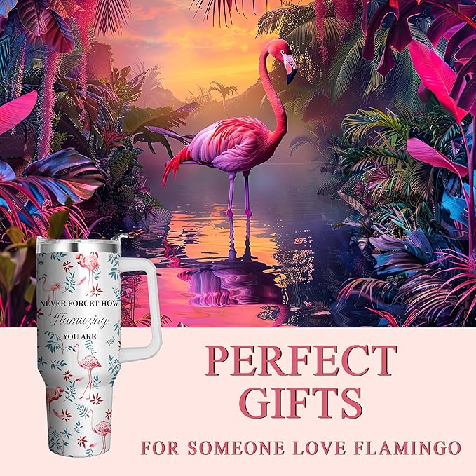 40 Oz Flamingo Tumbler with Handle and Straw, Flamingo Cup Double Wall Stainless Steel Flamingo Mug, Insulated Flamingo Coffee Cup, 40 Oz Flamingo Drinking Cup as Flamingo Gifts for Women