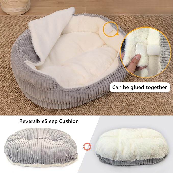Cat Beds for Indoor Cats,with Soft Hooded Blanket.Comfortable Cute cat Bed,Removable Inner pad Washable with Non-Slip Bottom,Cozy Kitten、Small Dog Bed (Grey)