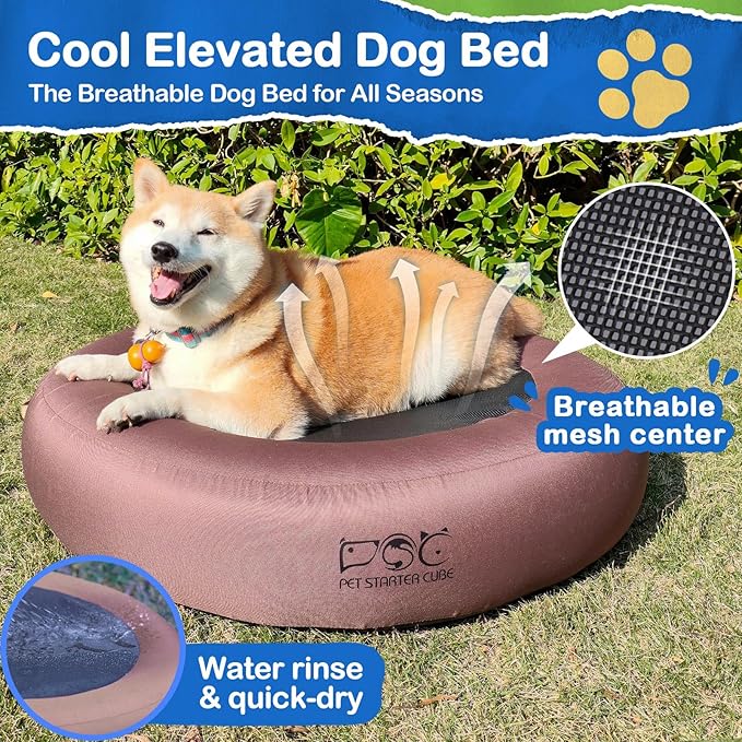 Elevated Dog Bed,Inflatable Dog Bed Raised,Pet Cushion Sofa for Medium Dogs,Portable Dog Cot Doughnut Round Stand,Waterproof Dog Bed Frame for Indoor,Outdoor(Coffee)