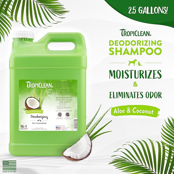 TropiClean Deodorizing Cat & Dog Shampoo for Smelly Dogs, Cats, Puppies, and Kittens, Powerful Odor Control, Coconut Scent, Made in the USA, 2.5 gallon