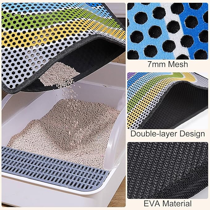 Bienbee Cat Litter Mat, 30"x24" Cat Litter Trapping Mat, Double Layer Litter Mat with Non-Slip Rubber Bottom, Urine and Water Proof, Keeps Floors Clean Rainbow L