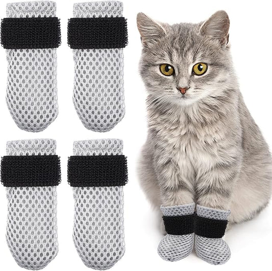 4Pcs Cat Nail Caps Cat Mittens, Cat Claw Covers Cat Nail Covers Caps Shoes for Cats Socks AntiScratch Cat Paw Protector Cat Claw Caps Pet Grooming Cat Booties for Bathing Shaving Checking, Grey M