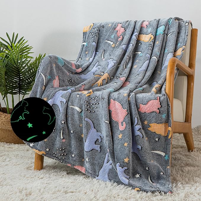 Glow in The Dark Cute Cat Throw Blanket- Soft Throw Kids Blanket for Girls Boys, Camping/Travel Blanket, Gifts for Children, Day Care Home Office Use