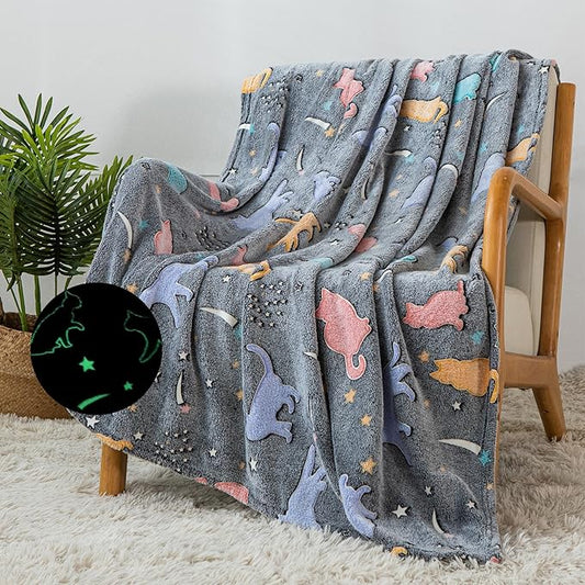 Glow in The Dark Cute Cat Throw Blanket- Soft Throw Kids Blanket for Girls Boys, Camping/Travel Blanket, Gifts for Children, Day Care Home Office Use