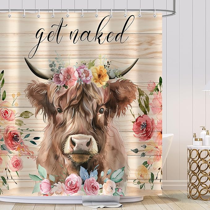 Highland Cow Shower Curtain, Get Naked Funny Animal Flower Bathroom Curtain, Floral Shower Curtain Set Polyester Waterproof Bath Curtian Accessory Set 12 Hooks 72x72 inch