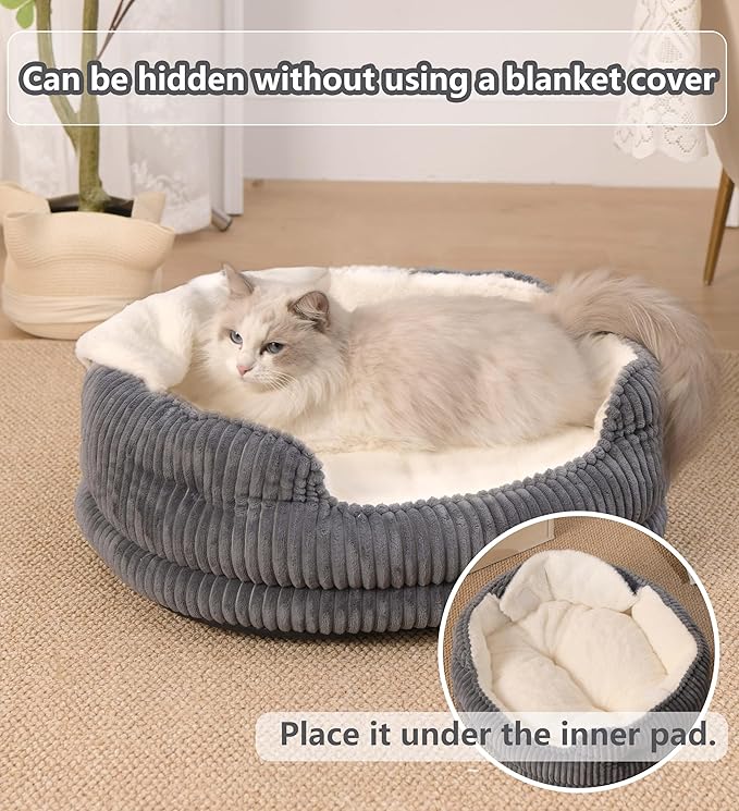 Cat Beds for Indoor Cats,with Soft Hooded Blanket.Comfortable Cute cat Bed,Removable Inner pad Washable with Non-Slip Bottom,Cozy Kitten、Small Dog Bed (Dark Grey)