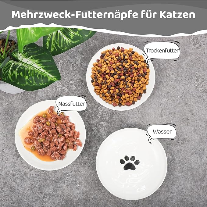 Dorakitten Ceramic Cat Bowls 3 Pack, No Whisker Fatigue Wide Shallow Cat Dishes with Non-Slip Silicone Bottom, Pet Food & Water Plates, 5.9 Inches Diameter