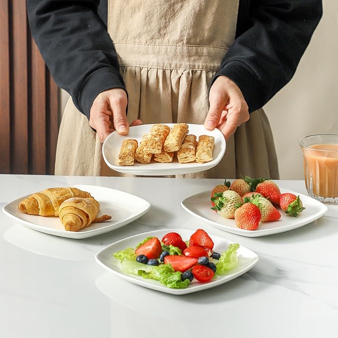 8 Pack Ceramic Appetizer & Dessert Plates, 7 inch White Square Dinner/Salad Plates for Snacks, Side Dishes, Casual Hosting, Dishwasher & Microwave Safe