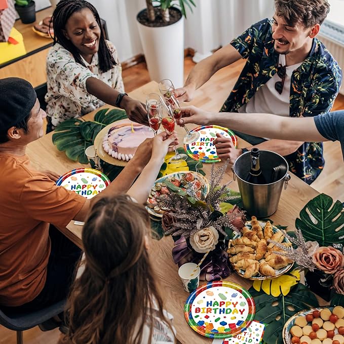 96 Pcs Building Block Party Plates Napkins Forks Supplies Favors Tableware Set Disposable Paper Birthday Decorations for Boys, Serves 24 Guests