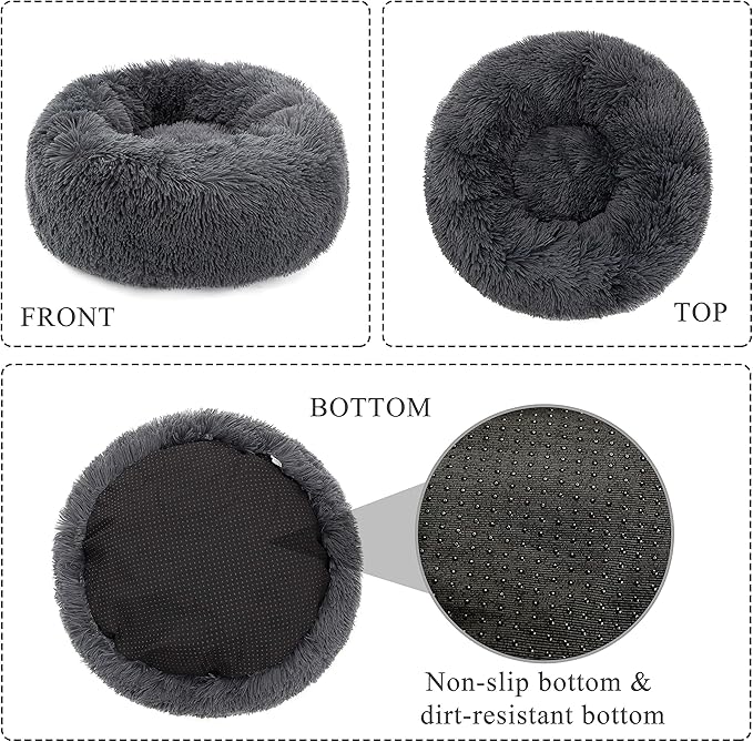 Calming Donut Dog Bed XL, Plush Round Cuddler Dog & Cat Cushion Bed, Anit-Anxiety Marshmellow Fluffy Faux Fur, Self-Warming Comfy Cozy Pet Bed (32", Deep Grey)