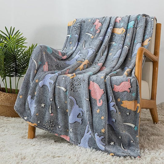 Sviuse Glow in The Dark Cat Blanket Gifts for Cats Lovers Soft Flannel Twin Size Glow Throw for Girls Kids Women Luminous Blankets (60" X 80", Cat 9)
