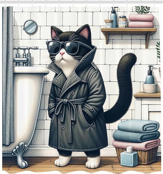 Ambesonne Cat Shower Curtain, Mysterious Detective Kitty Character in Bathroom with Sunglasses Classic Coat, Cloth Fabric Bathroom Decor Set with Hooks, 69" W x 84" L, Charcoal Grey White
