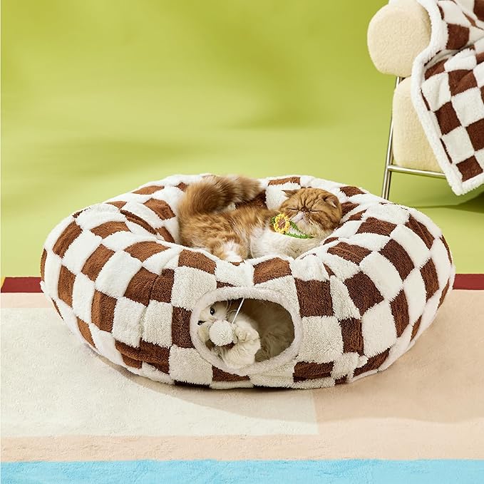 Lesure Cat Tunnel Bed for Indoor Cats - Cute Cat Donut Tunnel with Washable Circle Cushion, Round Pet Play Tunnel Toy for Kitten/Puppy/Rabbit,Brown