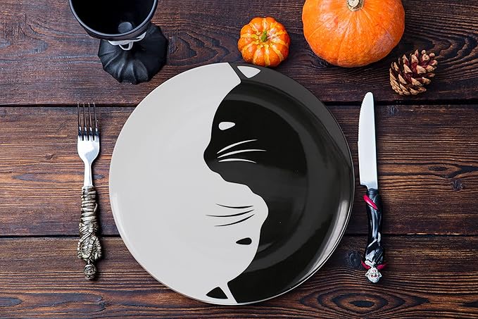 Black and White Cat Porcelain Plate Set, Best Gift For Cat Lover (8-inch salad plate set)
