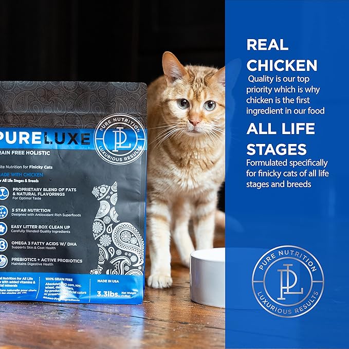 PURELUXE Grain and Gluten Free Cat Food, Finicky Cat Elite Nutrition, Chicken, Chickpeas, and Salmon, for All Life Stages and Breeds, Made in The USA, 3.3lbs