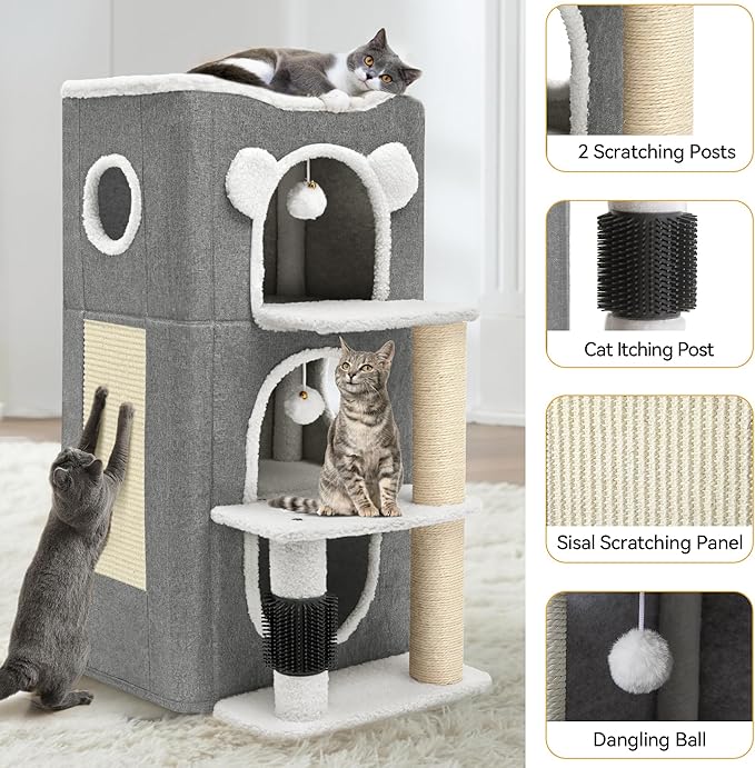 YIATHOME 3-Tier Cat House, Cat Beds for Indoor Cats, Modern Cat Condo with Highway Cave, Scratch & Itching Post, Climbing Stand, Cat Cube Playhouse for Multi Kittens, Grey