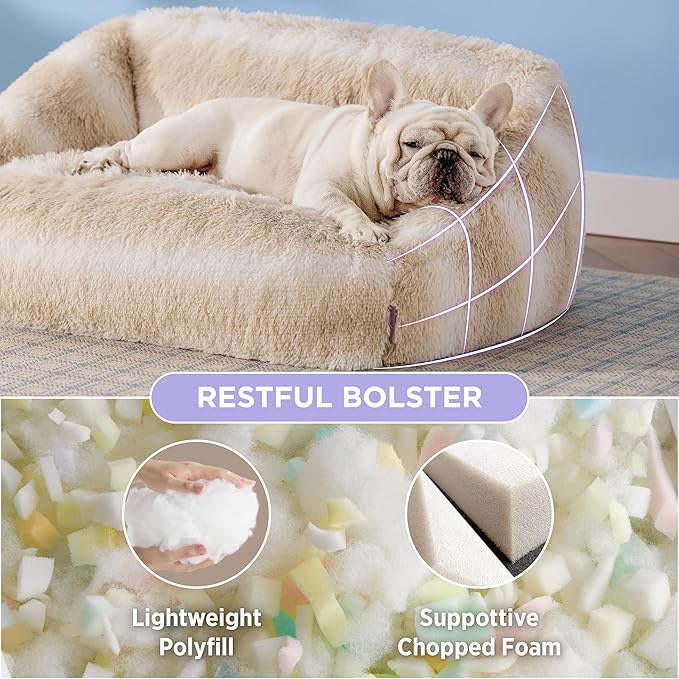 Lesure Dog Bed Medium Size - Cute Furry Calming Puppy Beds, Rectangle Washable Indoor Pet Beds with Removable Zipper Cover, 35x25x11inches, Beige Stripe