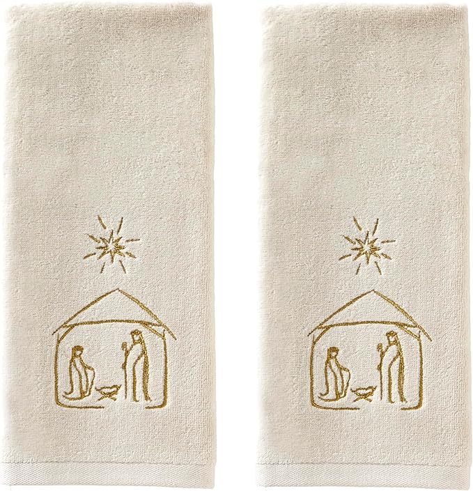 SKL Home Religious/Christmas Nativity Hand Towel 2pc Set for Bath/Kitchen & Gift, Natural