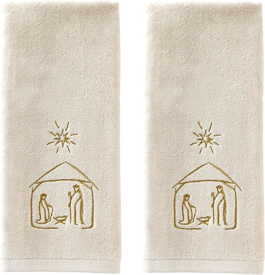SKL Home Religious/Christmas Nativity Hand Towel 2pc Set for Bath/Kitchen & Gift, Natural