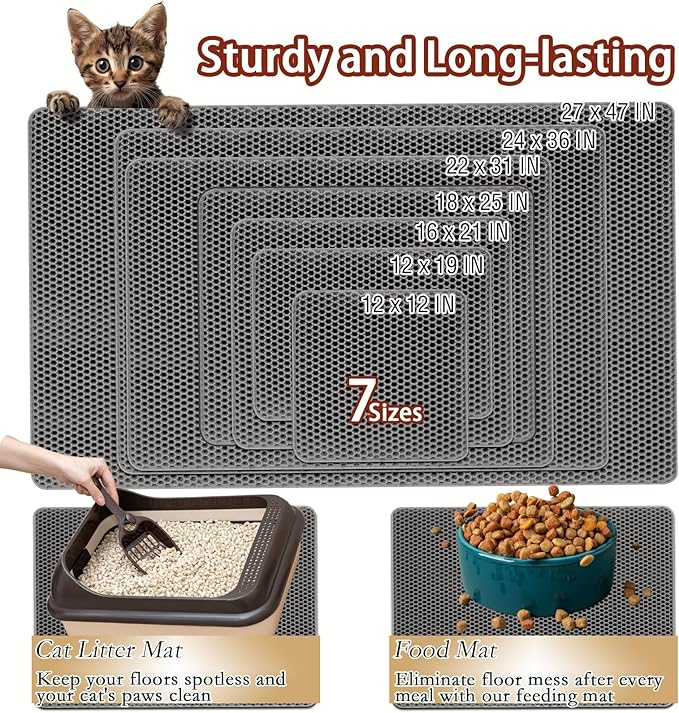2025 𝗡𝗘𝗪 Waterproof Cat Litter Mat | Double Layer EVA, Odor-Free Large Grid | Urine Proof & Easy Cleanup | Soft on Paws | Versatile Design for Litter and Feeding (Gray, 18×25)