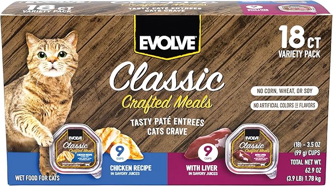 Evolve Classic Crafted Meals Cat Food Variety Pack - Chicken Recipe & Liver Recipe 3oz (Pack of 18)
