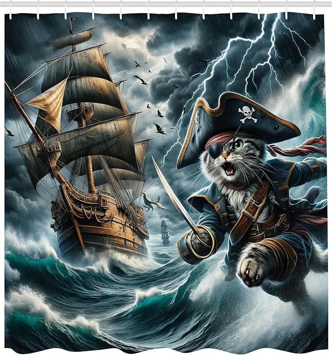 Ambesonne Cat Shower Curtain, Pirate Kitty Character in The Stormy Ocean Waves Adventure Ship Sailing, Cloth Fabric Bathroom Decor Set with Hooks, 69" W x 84" L, Dark Slate Blue and Amber