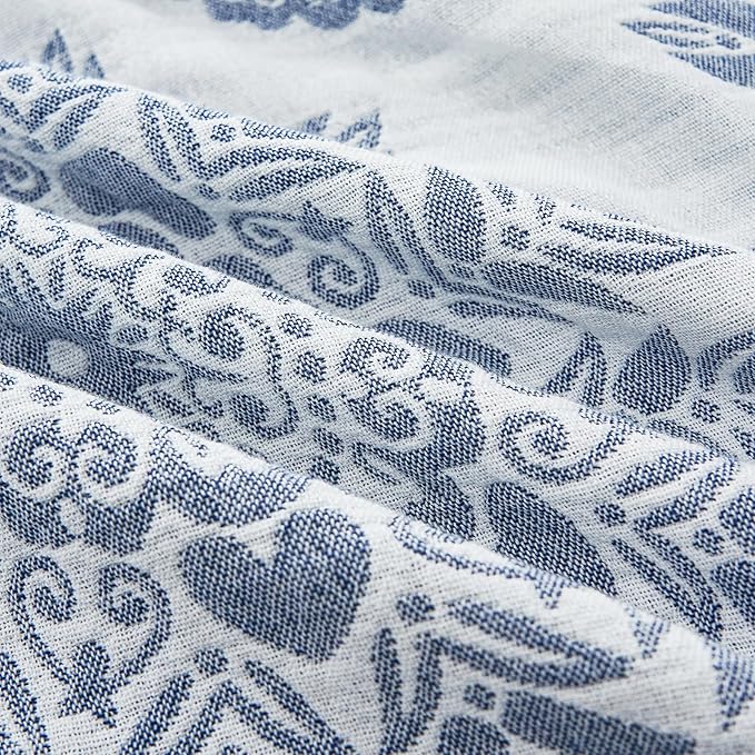 MEJU Feather Heart Boho Indian Blue Muslin All Season Blanket for Bed Sofa Couch 100% Combed Cotton 3 Layer Soft Warm Bedspread Throw Blanket Bed Coverlet Sheet Twin 60 in x 80 in