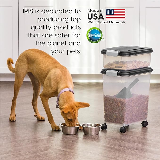 IRIS USA Dog Food Storage Container, 30 lbs & 11 lbs Combo, Cat Food Storage Container, Dog Treat Container, Airtight, Stackable, 2-Cup Scoop, Wheels, Easy Mobility, Black