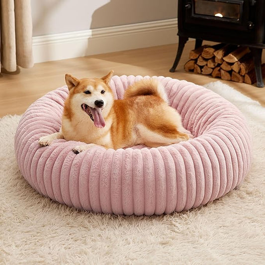 Bedsure Donut Large Dog Bed - Washable Faux Fur Dog Beds Large Sized Dog with Corduroy Fleece & Anti Slip Bottom, Round Pet Beds with Removable Cover, Blush Pink, 36x36x10 inches