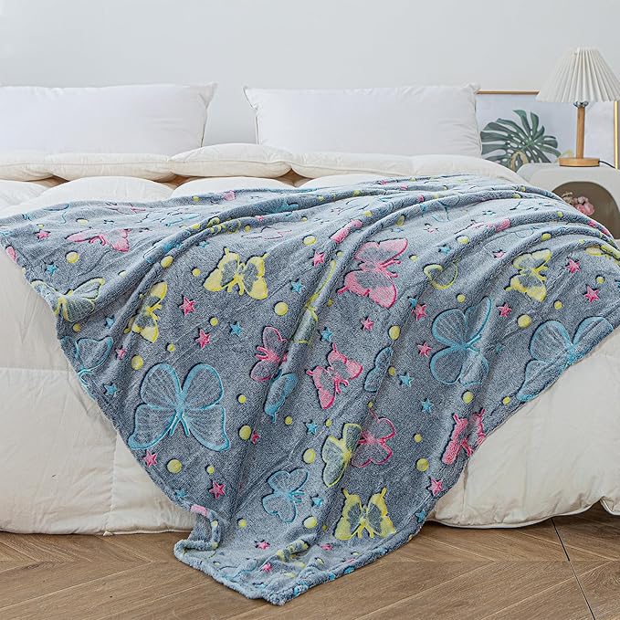 Glow in The Dark Girls Blanket, Butterfly Blanket Gifts Toys for 3-12 Year Old Toddler Teen Daughter Valentines Birthday Christmas Decor 50"x60"