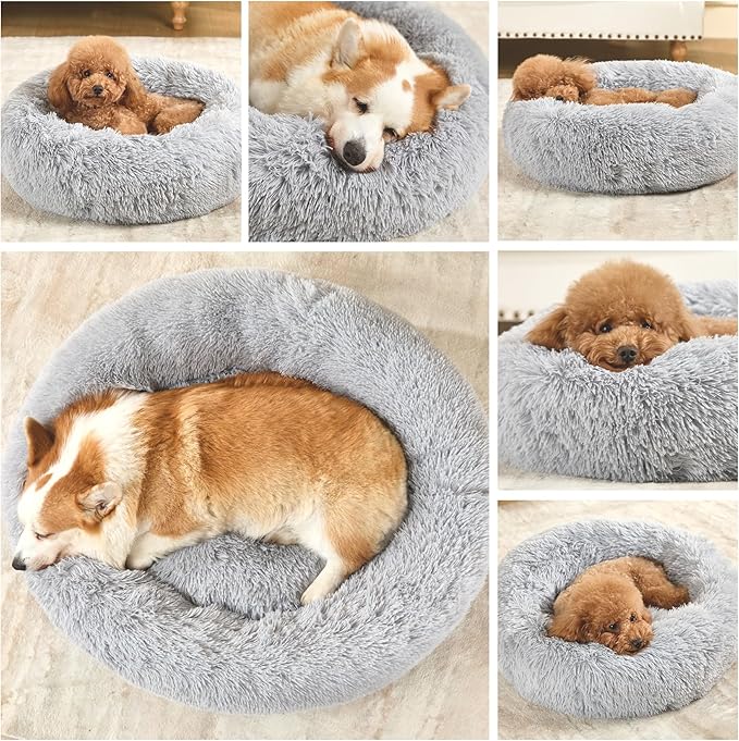 Dog Bed Calming Dog Beds for Small Medium Dogs - Round Donut Washable Dog Bed, Anti-Slip Faux Fur Fluffy Donut Cuddler Anxiety Cat Bed(Light Grey 16")
